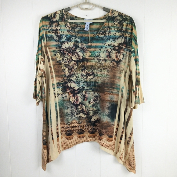 Catherines Women Beaded Tunic Top Size 3X Floral V-Neck 3/4 Sleeves Popover - Picture 1 of 8